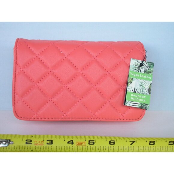 Badgley Mischka Vegan Leather Quilted Coral Crossbody Bag With Chain Strap - Picture 2 of 6